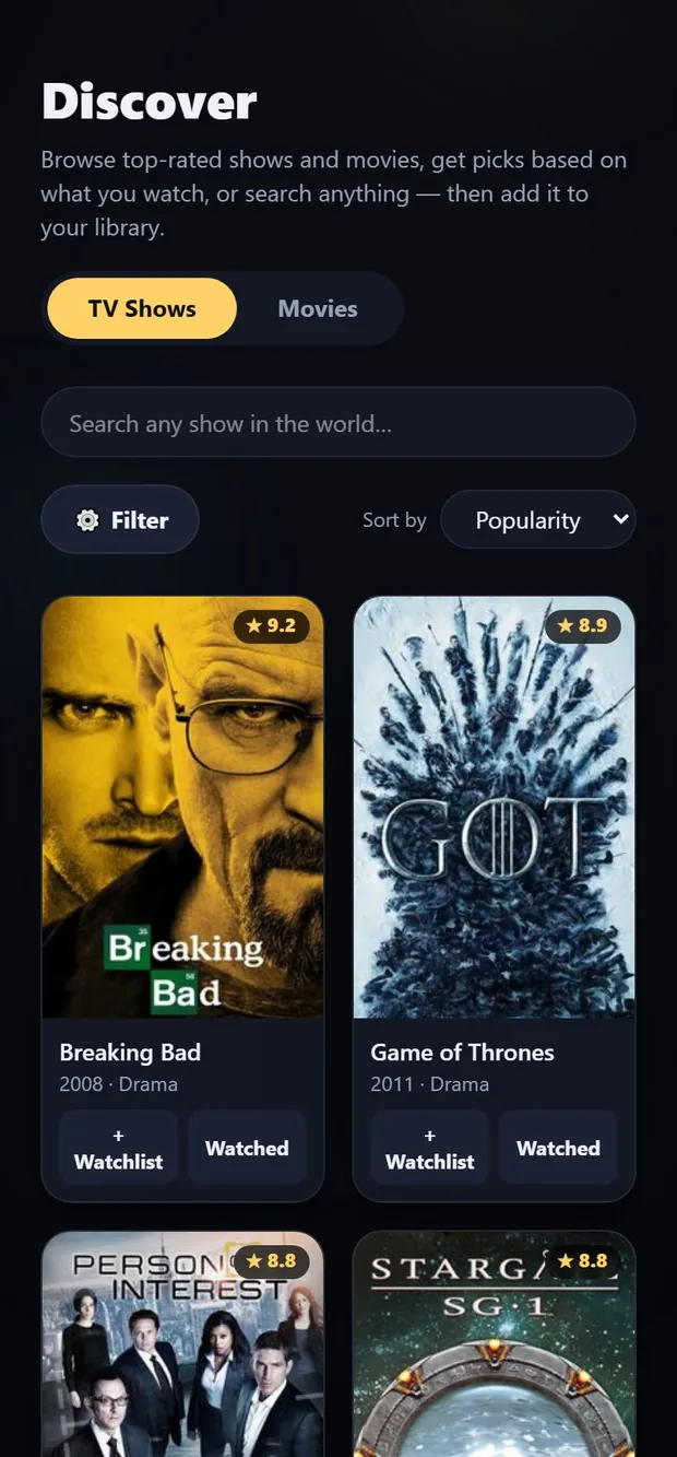 The Episodary Discover screen — a grid of show and movie posters